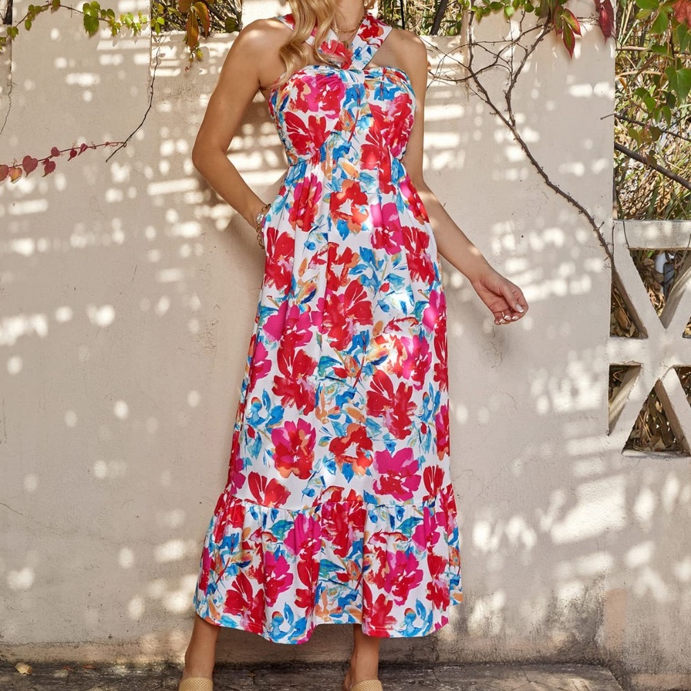 Grace Karin floral criss cross halter neck sleeveless A-line maxi dress